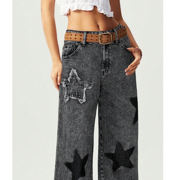 Western Star Print Patch Straight Leg Denim Jean Pants - Picture 3 of 8